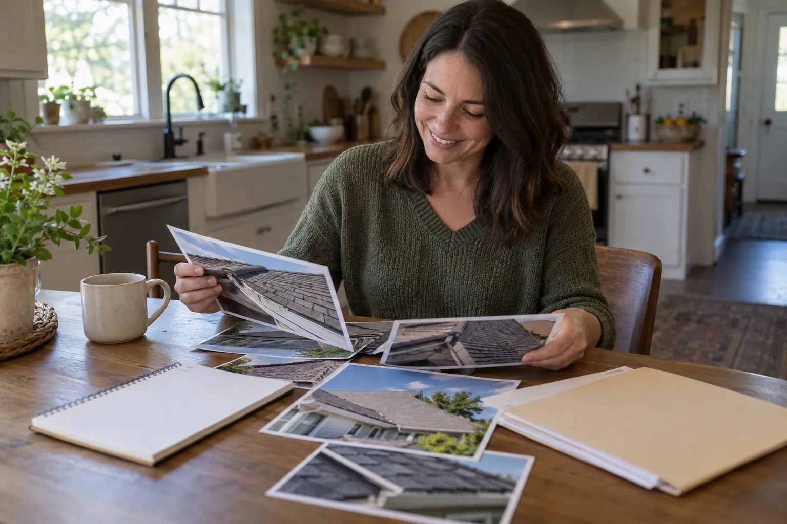 Homeowner organizing roof photos and notes at a kitchen table
