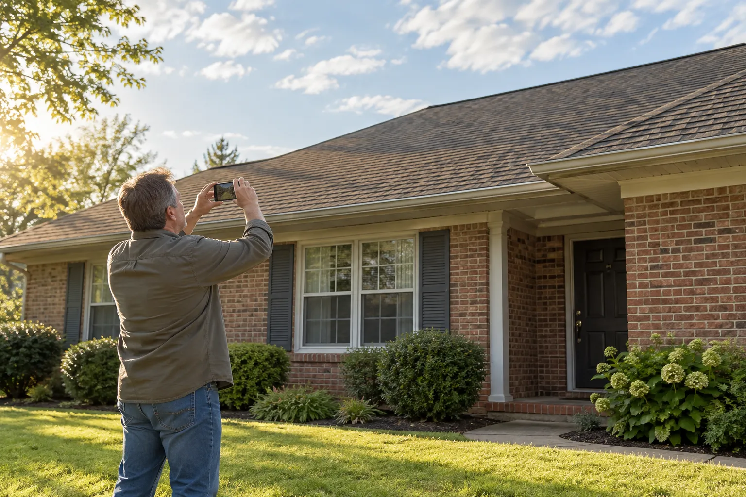 Homeowner in San Antonio looking up at the roof of a brick ranch house