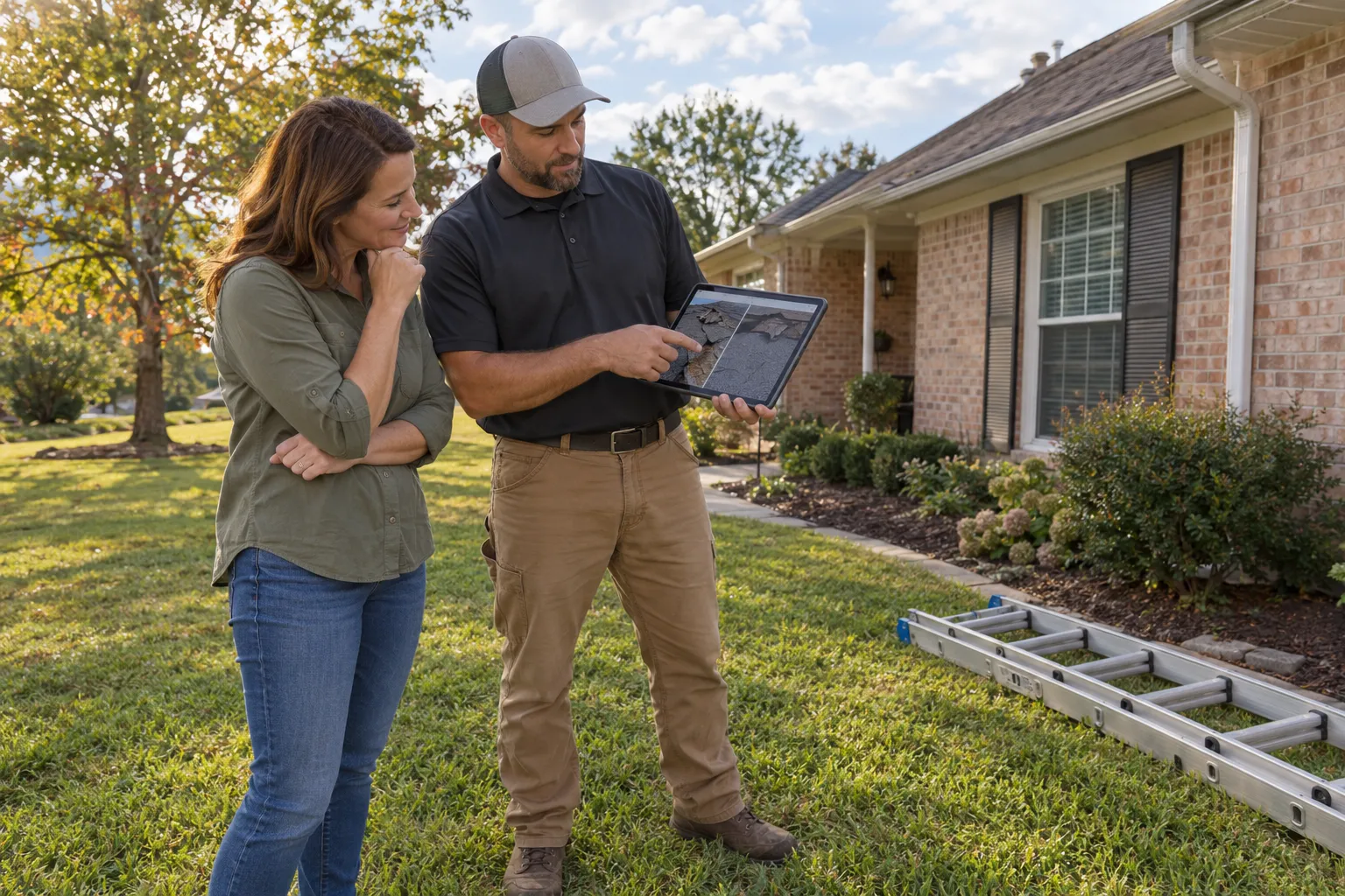 A homeowner and a roofing provider looking at photos of a ceiling stain outside a brick ranch home in San Antonio