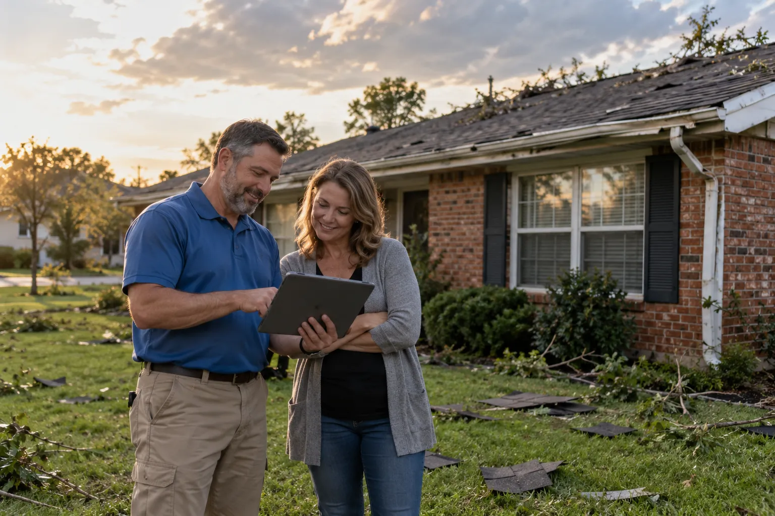 Homeowner and a roofing provider looking at hail damage photos on a tablet in front of a San Antonio home